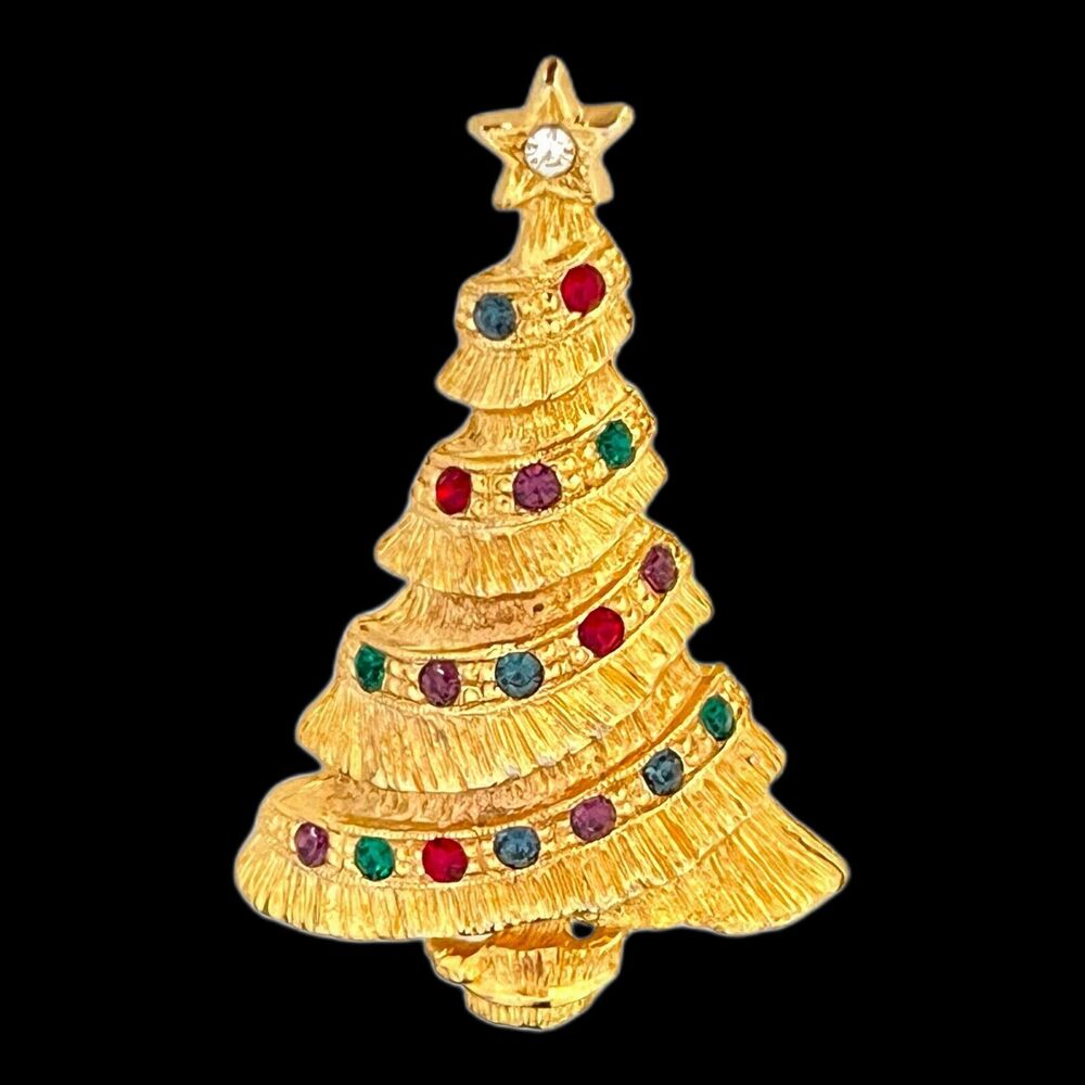 Vintage 1980s Christmas Tree Brooch Gold Tone Multicolor Crystals Holiday 4I